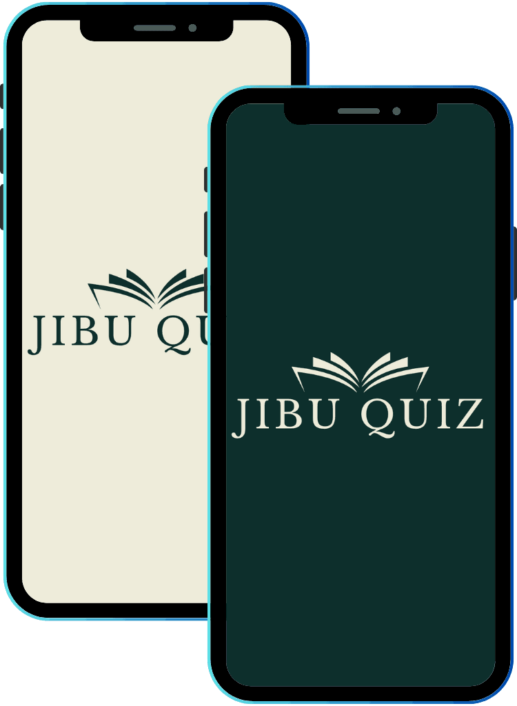 Jibu Quiz branding on two phones, light and dark display