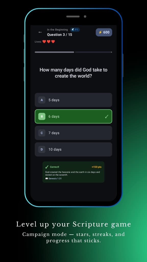 Campaign quiz screen showing a Bible question with multiple choice answers and correct feedback.