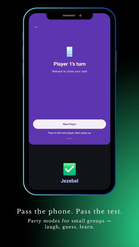 Party mode turn screen with pass-to-next-player prompt.